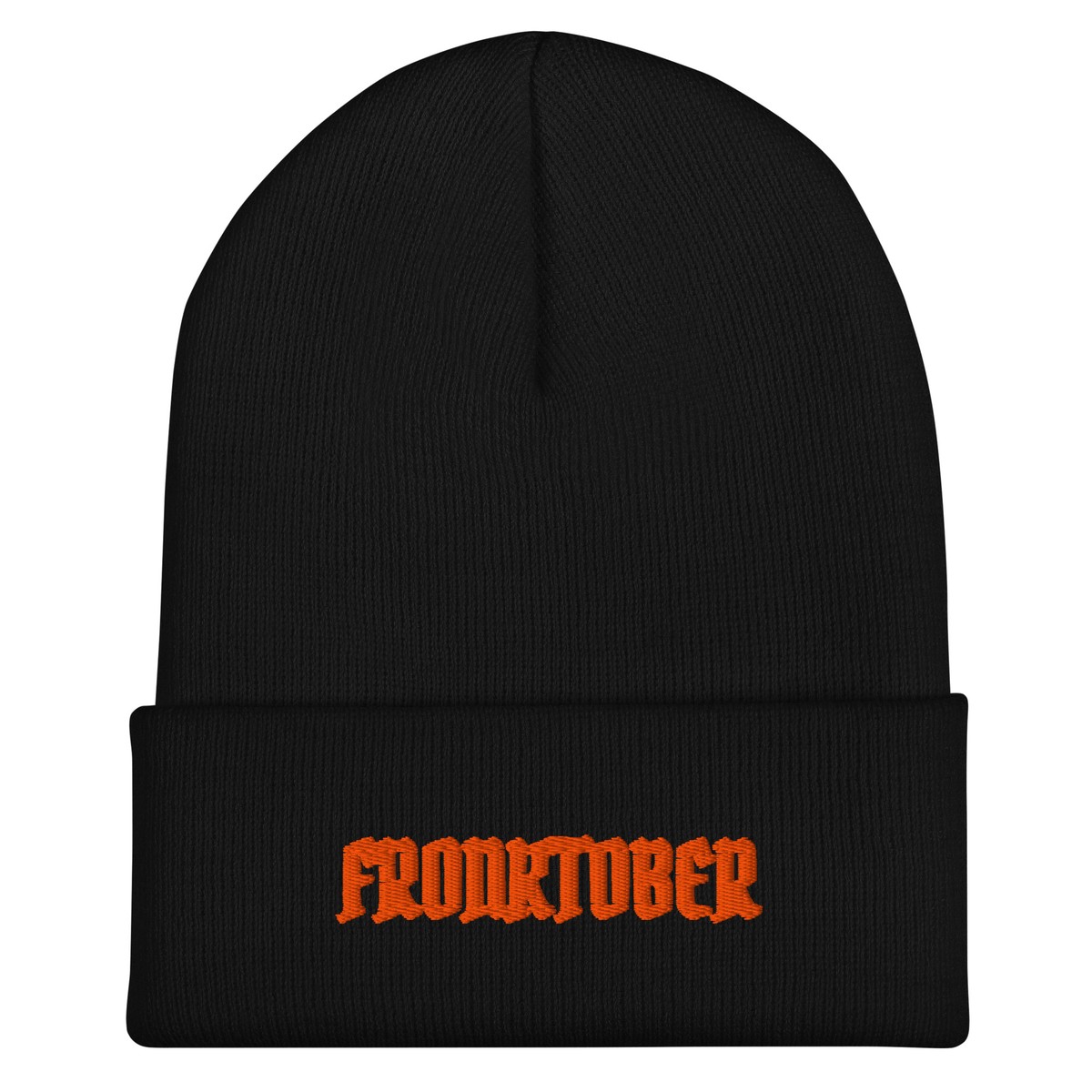 Black cuffed beanie with FRONKTOBER embroidered in orange on the fold